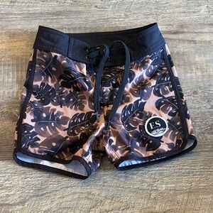 Kids Swim Trunks - Black and Brown Leaf Design